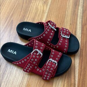 MIA Red Double Buckle Eyelet Slide Sandals